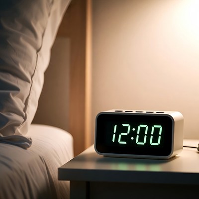 Digital clock reads midnight at bedside