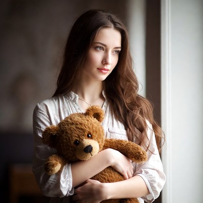 Woman with teddy bear indoors