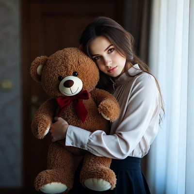Woman cuddling teddy bear indoors