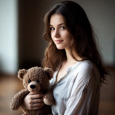 Young woman with teddy bear indoors