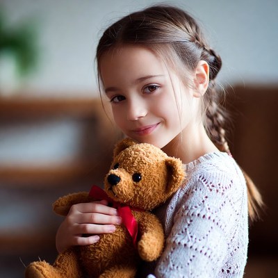 Smiling girl with teddy bear indoors