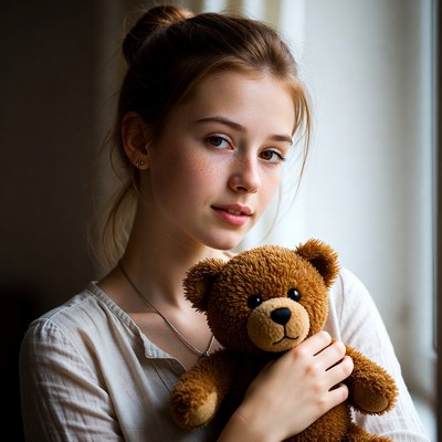 Girl holding teddy bear indoors