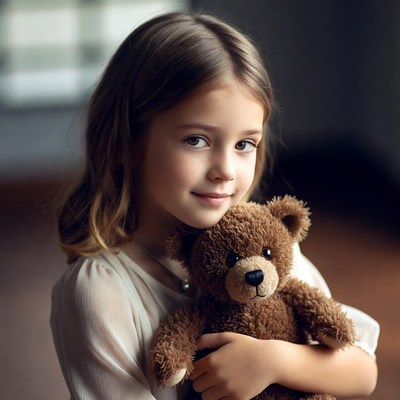 Girl with teddy bear in soft light