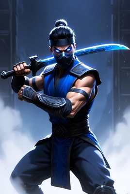 Blue ninja warrior in action