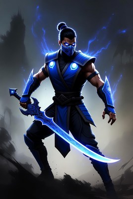 Hero with glowing sword in dark setting