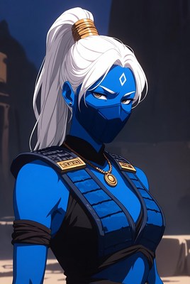 Blue warrior stands poised for battle