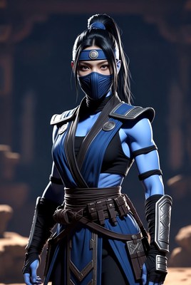Female warrior in blue attire poses