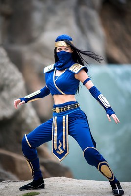 Cosplay warrior at scenic waterfall location