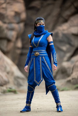 Stunning blue warrior in rocky landscape