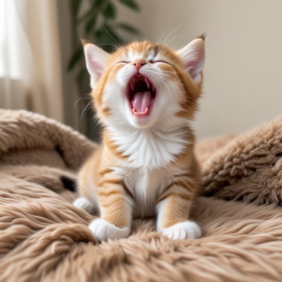 Playful orange kitten yawning on blanket