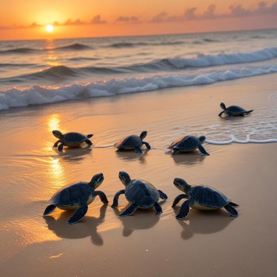 Turtles hatch at sunset on the beach