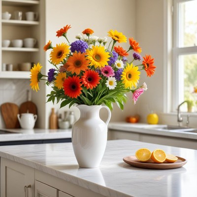 Bright floral arrangement in kitchen