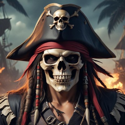 Pirate in skull hat amidst flames