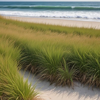 Waves and grass at ocean shore