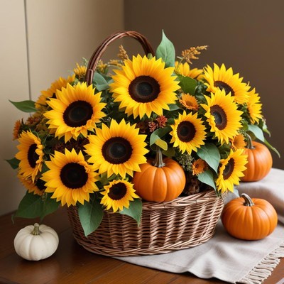 Bright sunflowers and pumpkins arrangement