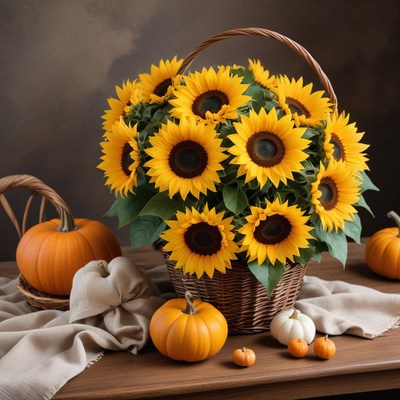 Sunflowers and pumpkins for autumn decor
