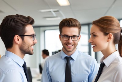 Colleagues engaging in friendly discussion