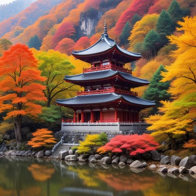 Vibrant autumn scene at traditional pagoda