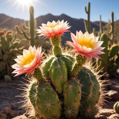Blooming cactus in desert sunlight