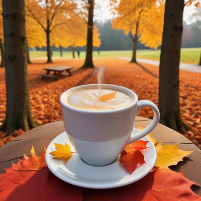 Coffee cup surrounded by autumn leaves