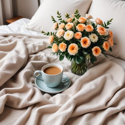 Morning coffee with flowers on bed