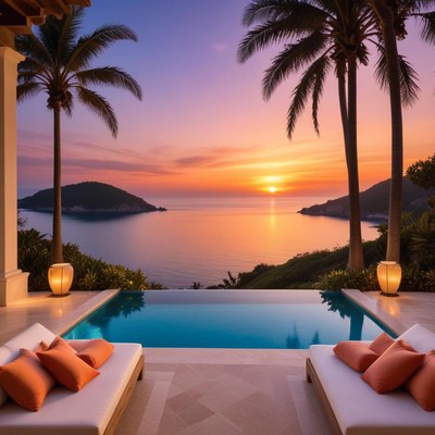 Relaxing sunset view by the pool