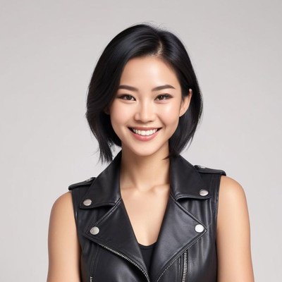 Smiling woman in black leather vest