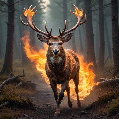 Majestic deer with flames in forest