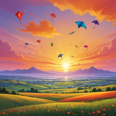 Kites soaring at sunset over hills
