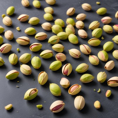 Pistachio nuts scattered on table