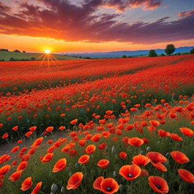 Poppy field at sunset glow