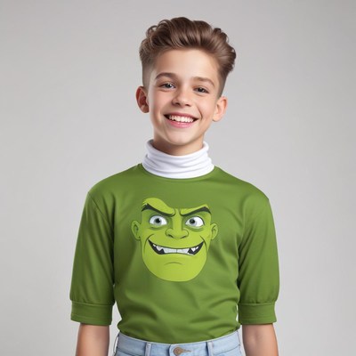 Smiling boy in cartoon shirt