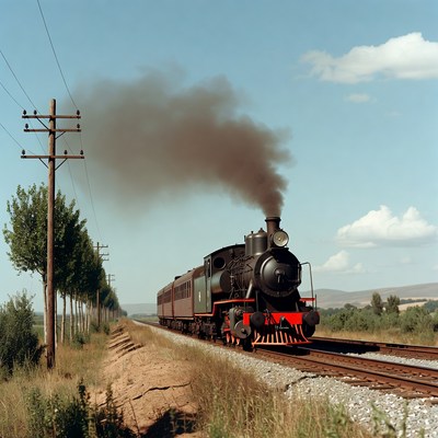 Vintage steam train travels through countryside