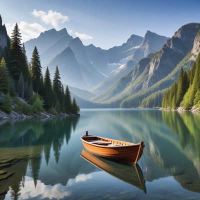 Serene boat on reflective lake