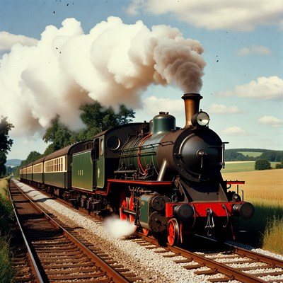 Steam train travels through countryside scene