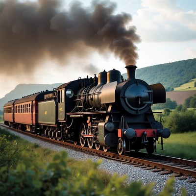 Vintage steam train travels through countryside