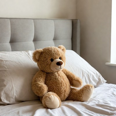 Cozy teddy bear on bed