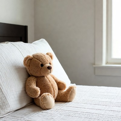 Cozy teddy bear on bed