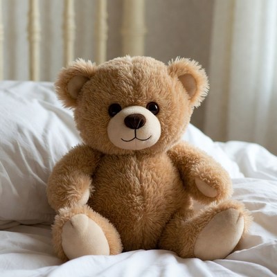 Soft teddy bear on bed