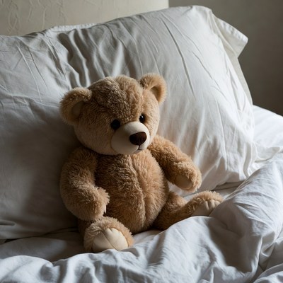 Cozy teddy bear on soft bed