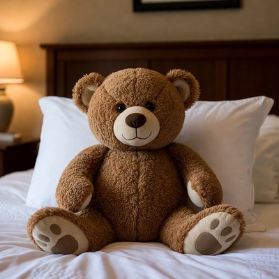 Soft teddy bear on hotel bed