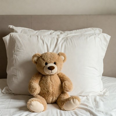 Teddy bear sitting on bed