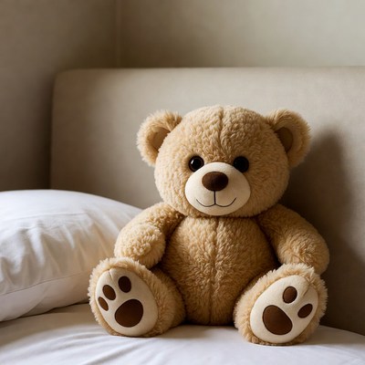 Cute teddy bear on a bed