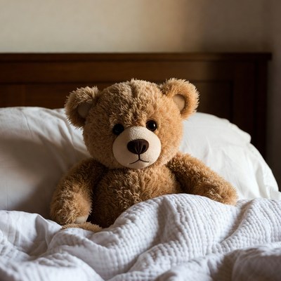 Teddy bear in cozy bed