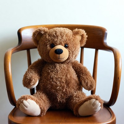 Brown teddy bear on wooden chair