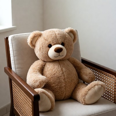 Soft teddy bear rests in chair