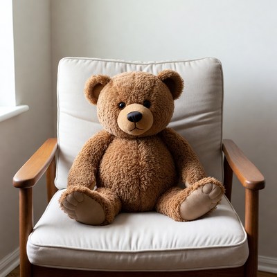 Soft teddy bear sitting on chair