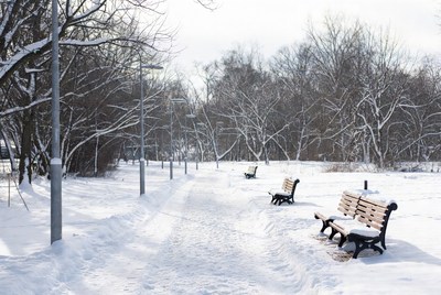 Snowy winter park pathway with benches