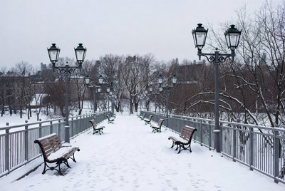 Snowy bridge walkway in winter