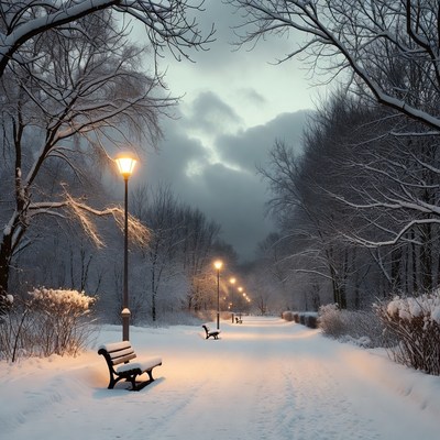 Winter evening in snowy park